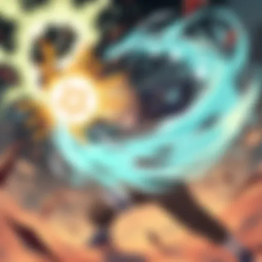 A powerful Rasenshuriken swirling with energy, held by Naruto in a battle stance, showcasing its dynamic motion and intensity.
