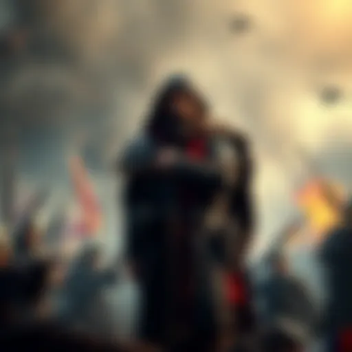 Rasputin stands confidently in a chaotic battlefield, with soldiers and weapons around him, symbolizing his uncertain role in the fight ahead.