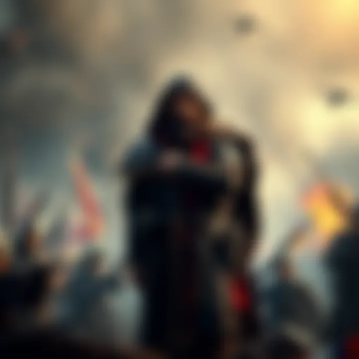 Rasputin stands confidently in a chaotic battlefield, with soldiers and weapons around him, symbolizing his uncertain role in the fight ahead.