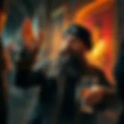 A humorous depiction of Rasputin appearing at the end of a story, visibly drunk and surprised, with a chaotic scene around him