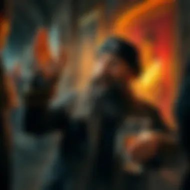 A humorous depiction of Rasputin appearing at the end of a story, visibly drunk and surprised, with a chaotic scene around him