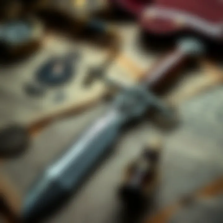 A close-up of a vintage dagger believed to be linked to Rasputin, surrounded by historical documents and artifacts.