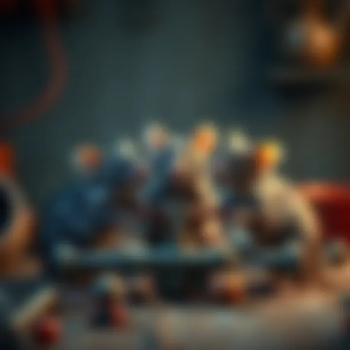 Three rats collaborating on a handy task in a playful setting