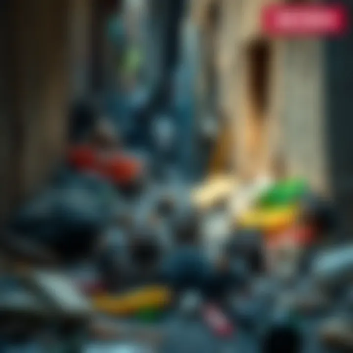 A group of rats scavenging in a city alley, surrounded by trash and debris, showcasing their adaptability in urban life.