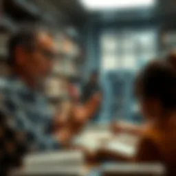 A scene where Ray explains complex literary characters to a group of people, focusing on character traits and engagement, with books in the background.