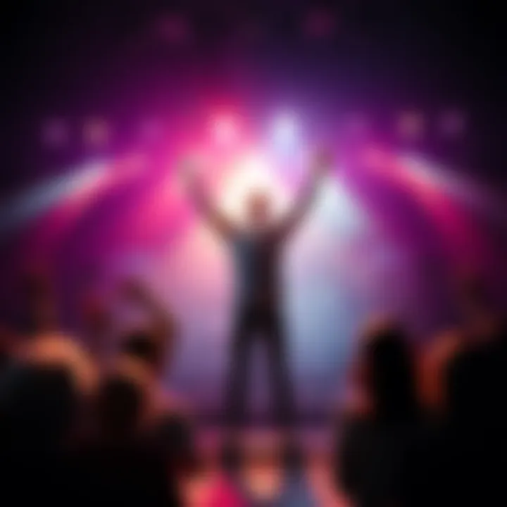 Ray Chase performing energetically on stage with bright lights and an excited audience