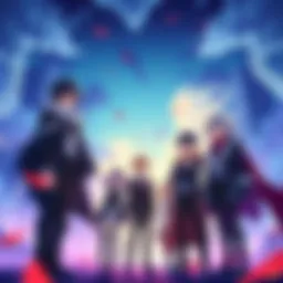 Main characters from Re:Zero standing together in a colorful anime scene