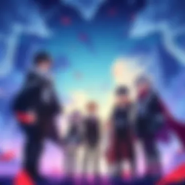 Main characters from Re:Zero standing together in a colorful anime scene