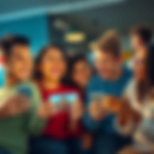 A diverse group of friends laughing and sharing reaction images on their phones in a casual setting