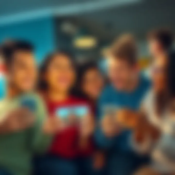 A diverse group of friends laughing and sharing reaction images on their phones in a casual setting