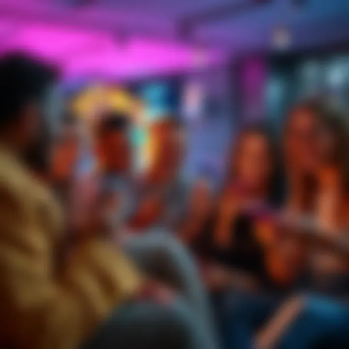 A group of friends discussing and sharing popular reaction images on their phones during a lively conversation.