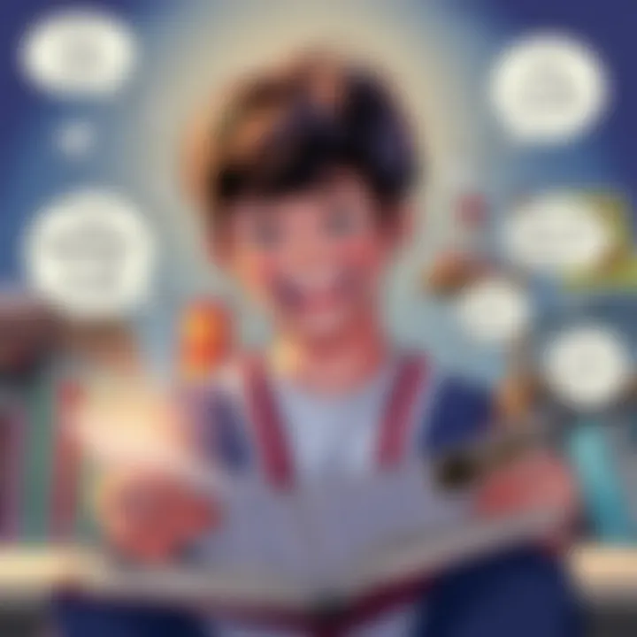 A young person laughing while reading a manga book, surrounded by colorful illustrations and speech bubbles depicting funny scenes.