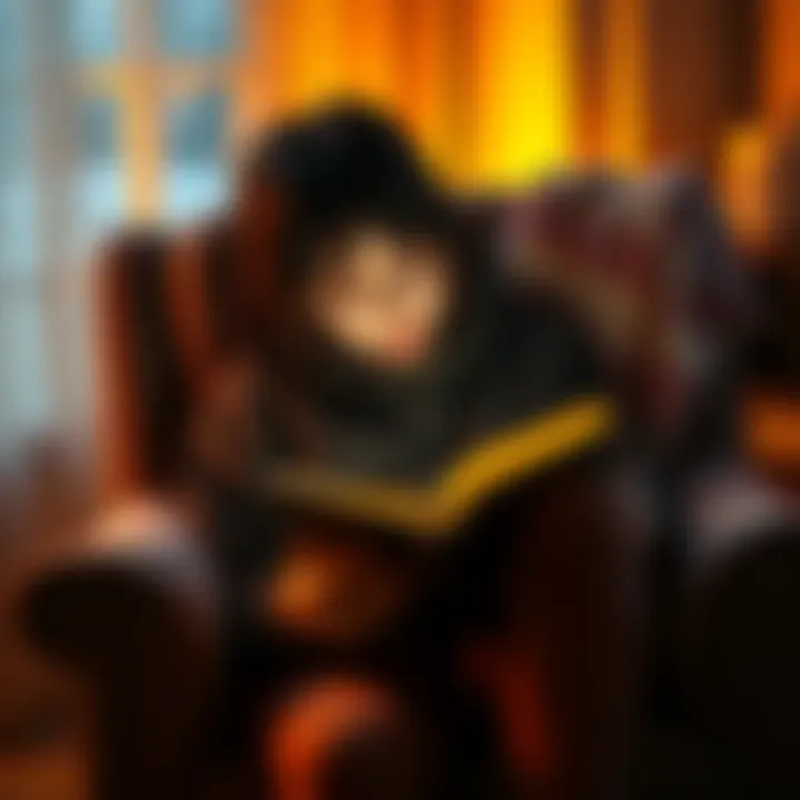 A person sitting on a cozy chair holding a book with tears in their eyes, surrounded by warm lighting and a soft blanket.