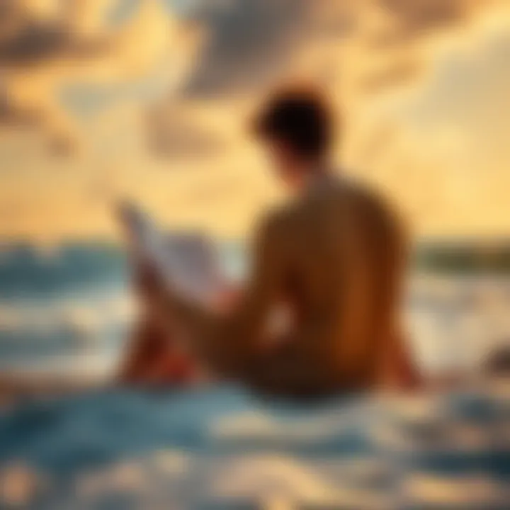 A person sitting on a beach with a book, enjoying the sun and waves, embodying the joy of storytelling without overthinking.