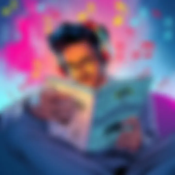 Person reading the comic Dandadan while listening to music through headphones, surrounded by notes from various music genres