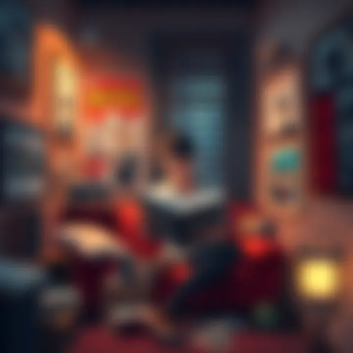 A person sitting in a cozy nook reading a manga book, surrounded by manga illustrations and series posters on the wall.