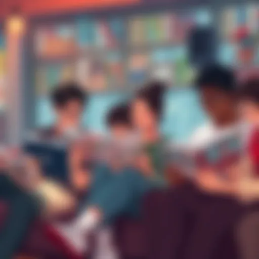 A diverse group of people sitting together, enjoying manga books in a cozy setting, showcasing the cultural connection of manga.