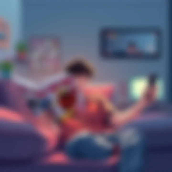 A person sitting on a couch with manga comics in one hand and a remote control for an anime on TV in the other, looking puzzled.