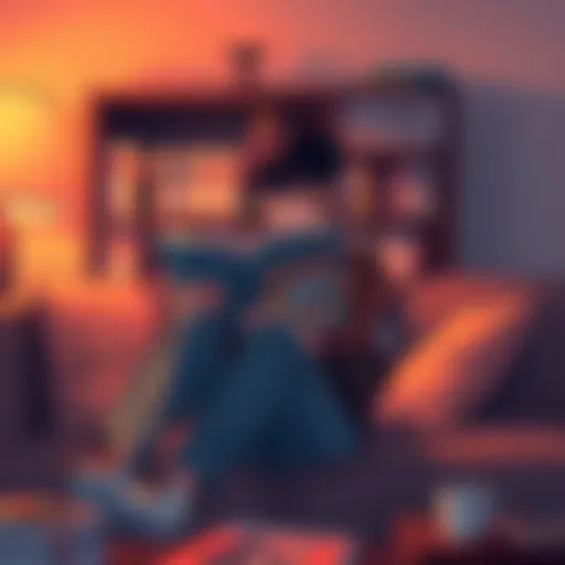 A person sitting comfortably on a couch, holding a physical manga book, surrounded by a collection of manga volumes on a shelf, with warm lighting creating a cozy atmosphere.