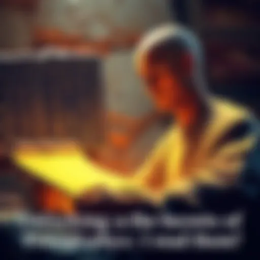 A person studying ancient stones covered in inscriptions, looking intently at a Poneglyph, surrounded by scrolls and books
