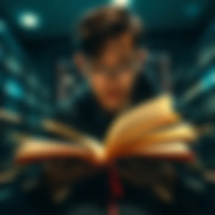 A person reading a book quickly, with pages turning fast, missing details in the text