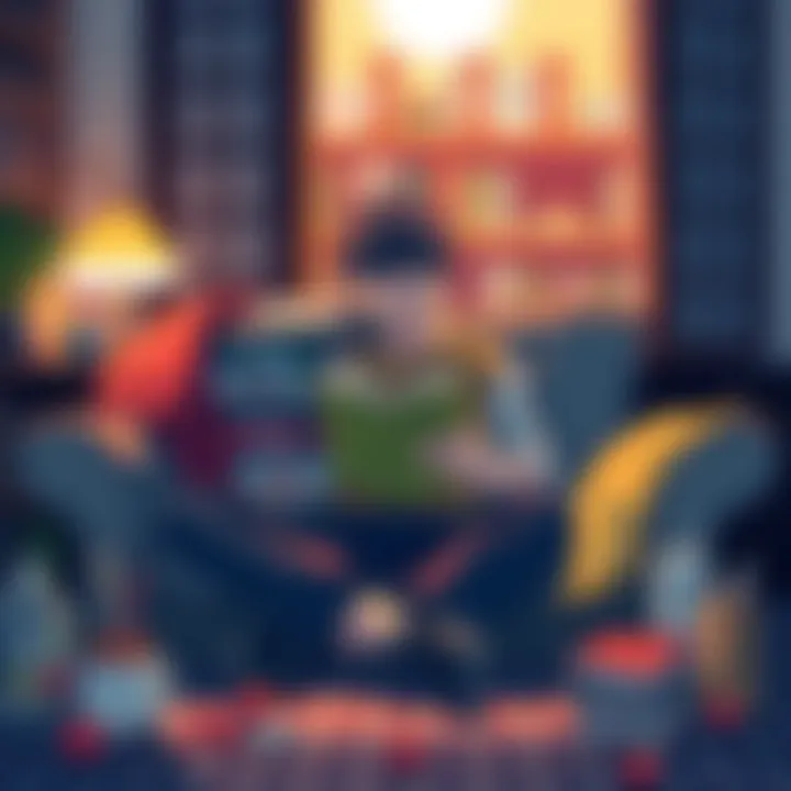 Reading Manga Challenge A person sitting comfortably with a stack of manga volumes and a notebook, jotting down their thoughts after reading ten chapters, surrounded by snacks and a cozy atmosphere.