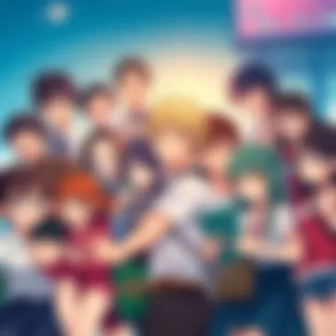A group of diverse anime characters engaged in everyday activities, showing emotions and relatable expressions.