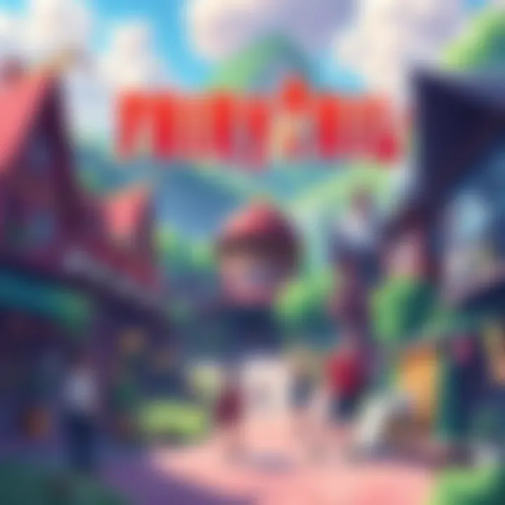 An illustration of a vibrant village inspired by Fairy Tail, with colorful buildings, lush greenery, and people engaging in lively activities.