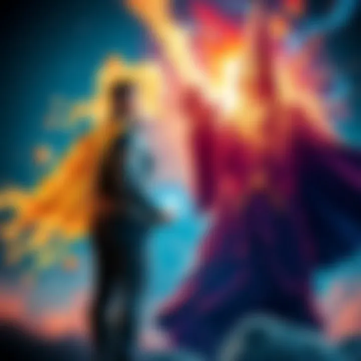 A man with glowing rocks faces a powerful wizard engulfed in cosmic energy.