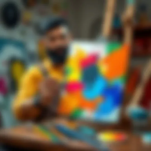Artist showcasing a colorful painting with vibrant colors and brushes on a table
