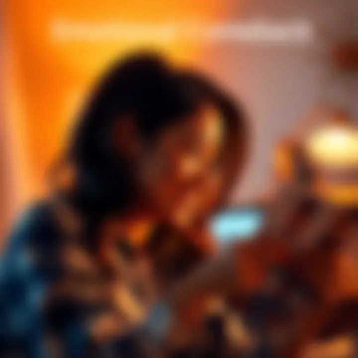 A person looking at old photographs, smiling with nostalgia, surrounded by warm light and soft colors
