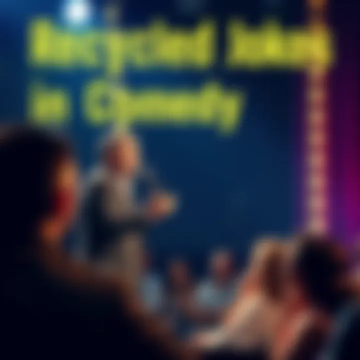 A stand-up comedian on stage, humorously delivering an old joke that resonates with the audience, who are laughing.