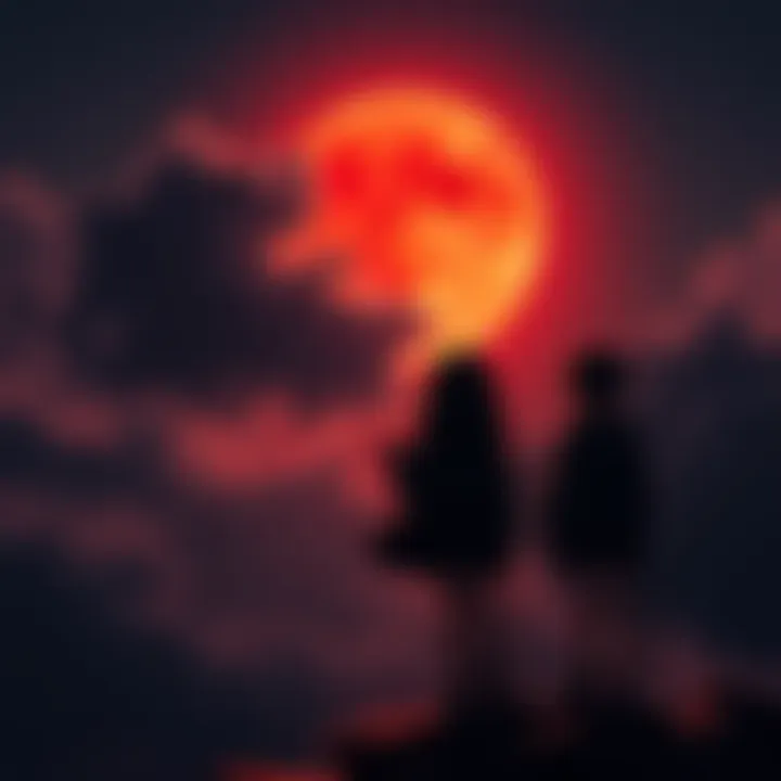 A red moon shines brightly during a lunar eclipse, with dark clouds partially obscuring the scene. Two figures, Asa and Denji, stand in awe, gazing at the celestial event.