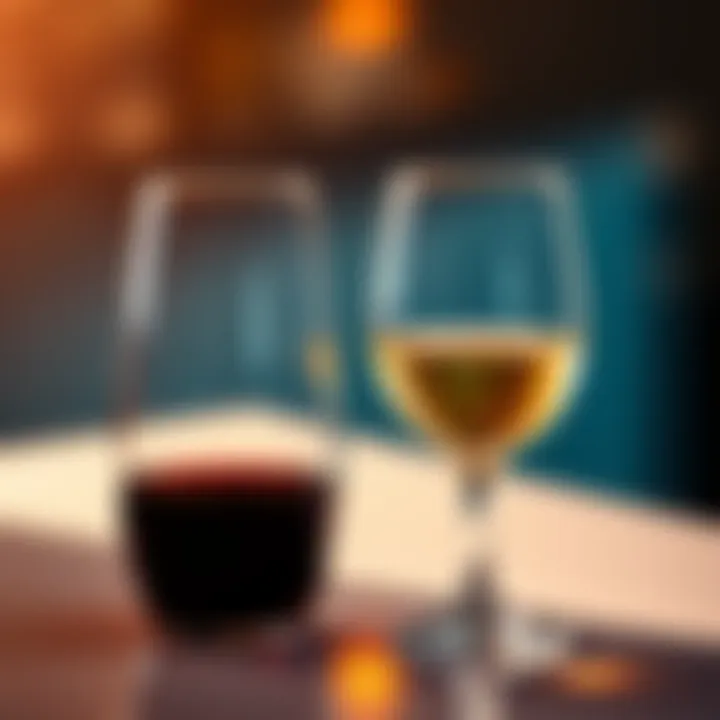 Two glasses on a table, one filled with red wine and the other with white wine, showcasing color differences
