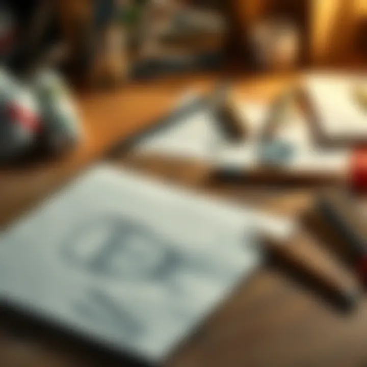 A personal drawing lying on a wooden table with art supplies around it