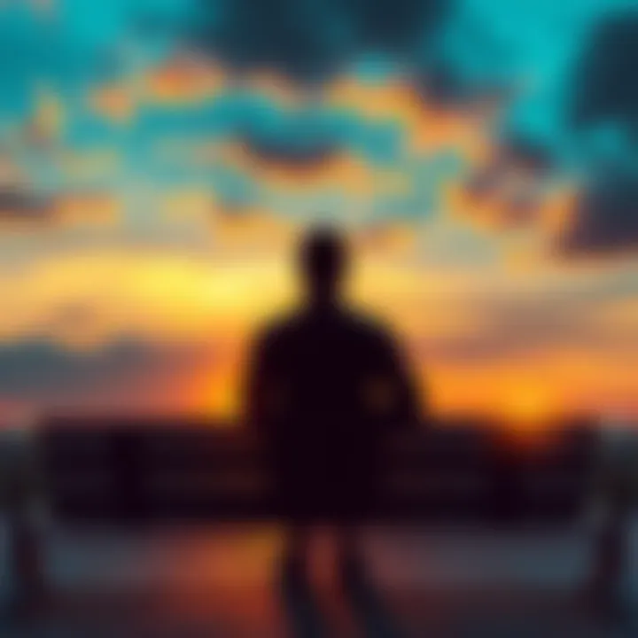 A person sitting on a bench looking out over a sunset, symbolizing reflection and personal growth