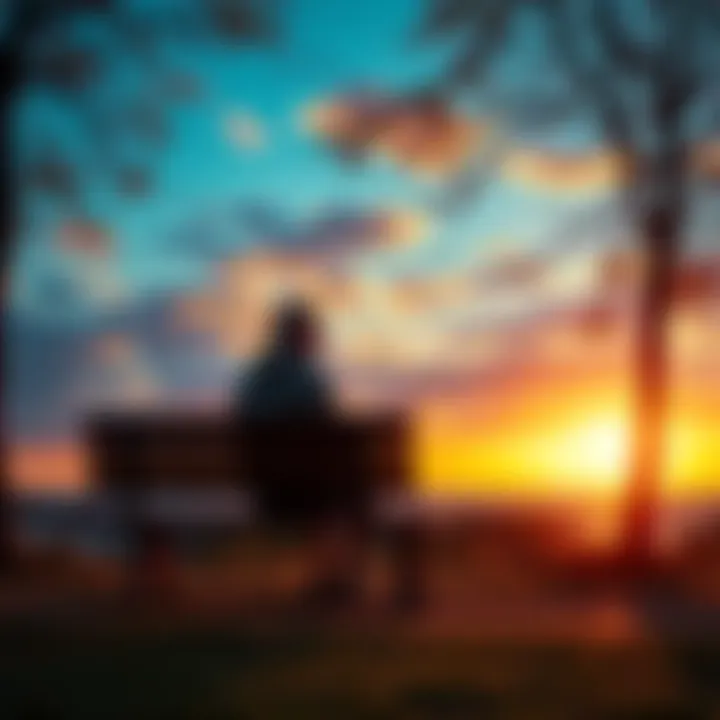 A person sitting on a park bench, looking at a sunset, symbolizing reflection and growth during their 20s