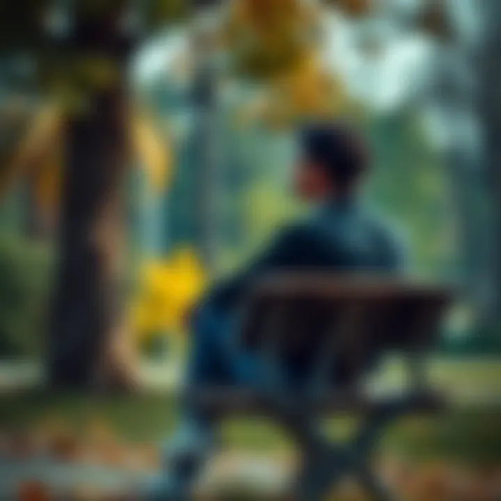 A person sitting on a park bench, looking thoughtfully into the distance, surrounded by nature, pondering life's meaning.