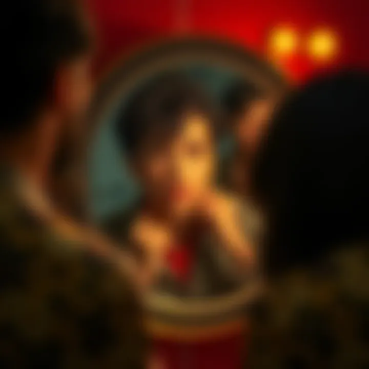 A person looking in a mirror, contemplating their reflection with a thoughtful expression, surrounded by contrasting elements representing societal expectations.