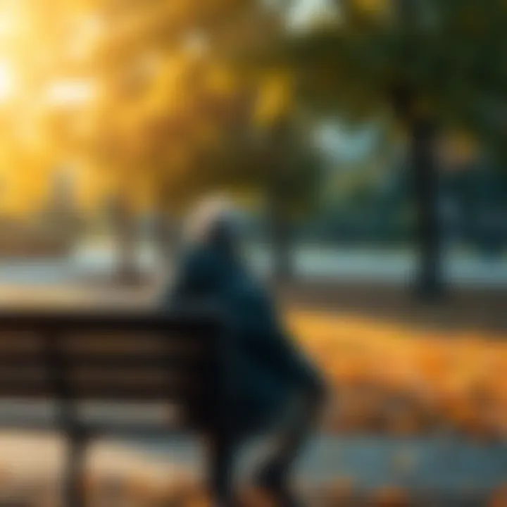 A person sitting on a bench in a park, looking thoughtful as leaves change color and fall, symbolizing the passage of time and reflection on recent events.