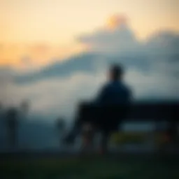 Reflective Moment A person sitting alone on a bench, looking pensive as they reflect on life and survival, surrounded by nature.