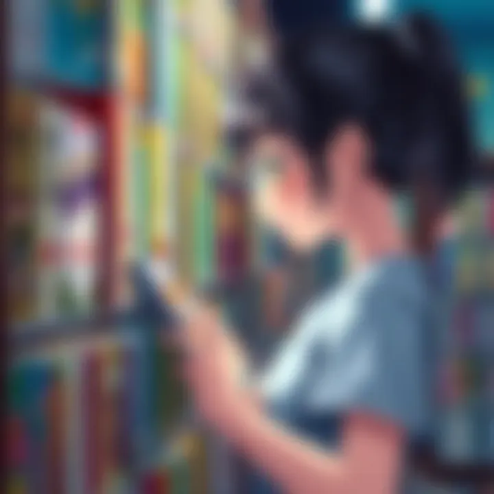 A young girl named Rei looking at books on a library shelf, contemplating her reading choices, surrounded by colorful book covers.