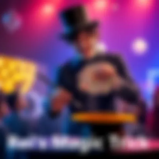 A magician named Rei captivating an audience with a creative magic trick involving colorful cards and a top hat