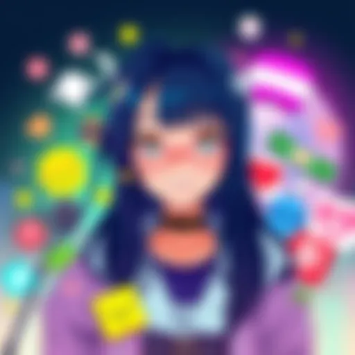 A vibrant illustration of Rei surrounded by iconic pop culture symbols, showcasing her influence in fan communities.