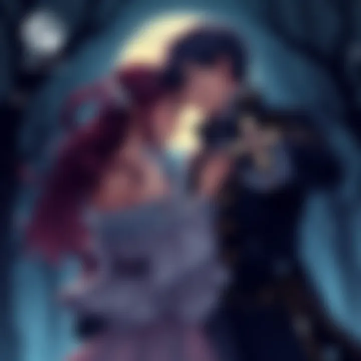 Reiko Kashima and Count Saint-Germain share a romantic moment in a moonlit setting, surrounded by dark trees and mist.