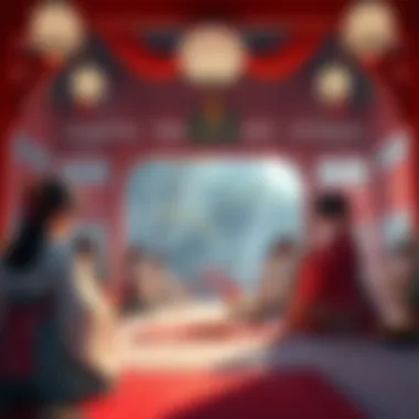 Reimu Ritual in Progress A group of people performing the Reimu Ritual, dressed in traditional attire, surrounded by ritual items and a serene setting.