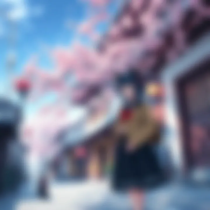 Reimu exploring a traditional Japanese street with cherry blossoms and historical buildings