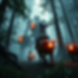 Reimu and Marisa riding smaller beasts pursuing large mechanical creatures through a dense forest