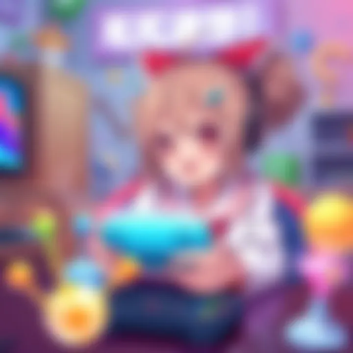 A character named Reimu is engaged in playing a video game, showing joy and excitement. She is surrounded by colorful game controllers and fun toys, representing creative activities to keep her entert...