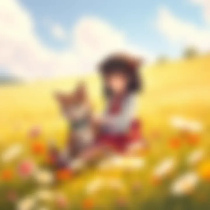 Reimu, a young girl with dark hair wearing a traditional outfit, joyfully plays with her small puppy in a bright, sunny field filled with flowers.